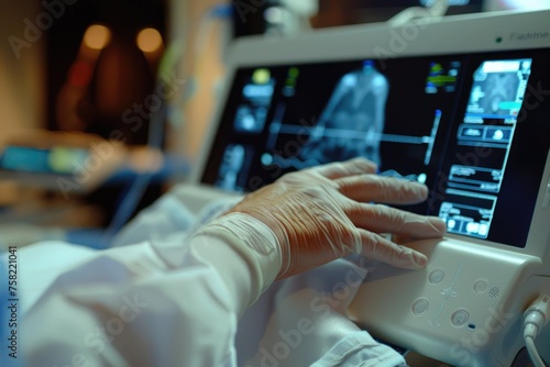 Person in hospital gown using computer, suitable for medical or technology concepts photo