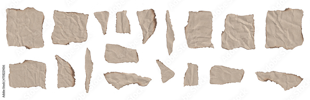 Fototapeta premium Burned crumpled kraft paper pieces texture set. Distressed torn sheet.