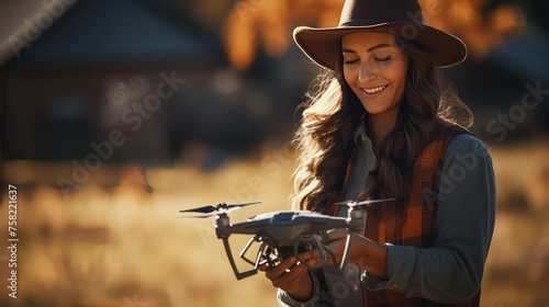 Beautiful young woman in hat with quadcopter flying on field © Bilal