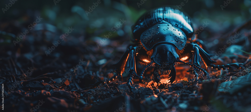 close up of a beetle resting over a warm red light with copy space - obrazy, fototapety, plakaty 