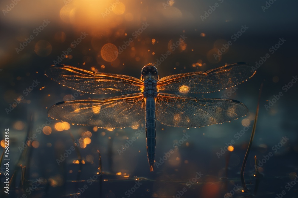 dragonfly flying taking off from the water - obrazy, fototapety, plakaty 