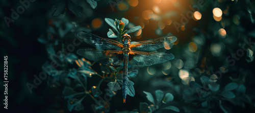 dragonfly flying over a dark forest background with copy space