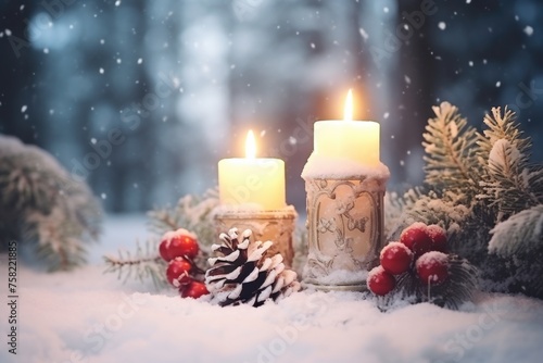 Two candles sitting on top of a snow covered ground. Can be used for winter or holiday themed projects