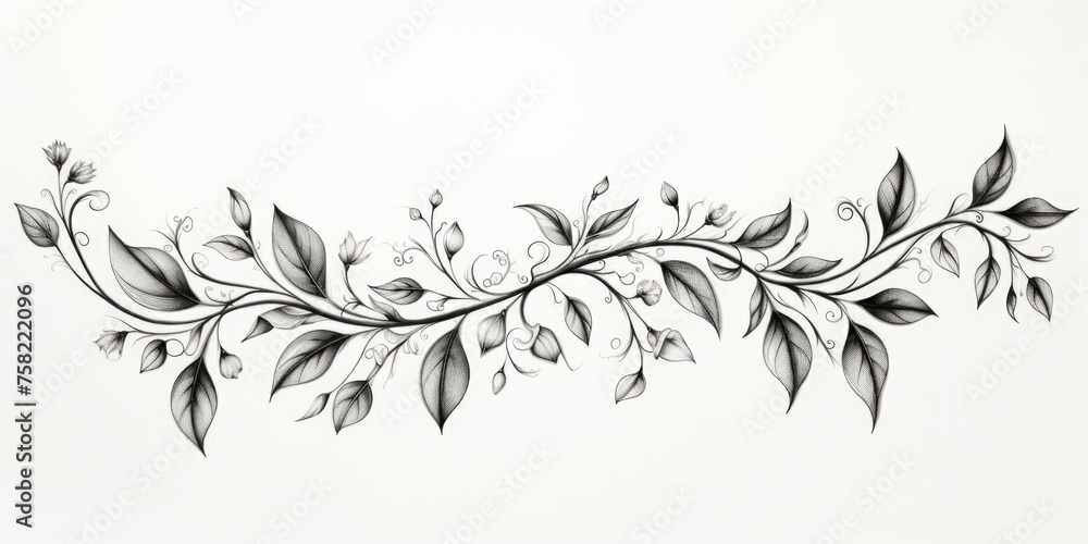 Detailed black and white illustration of a branch with leaves. Suitable for botanical references or nature-themed designs - obrazy, fototapety, plakaty 