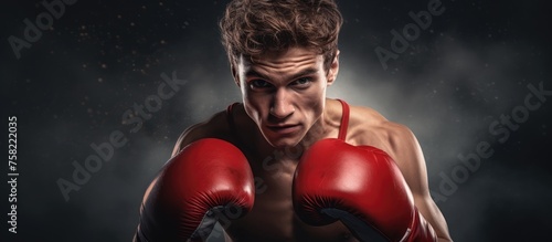 Passionate young fighter ready for intense boxing match wearing protective gloves © vxnaghiyev