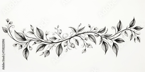 Detailed black and white illustration of a branch with leaves. Suitable for botanical references or nature-themed designs photo
