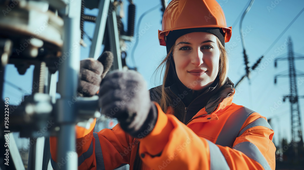 A power plant worker works on a power pole she climbed. A power plant worker works on a power pole she climbed.