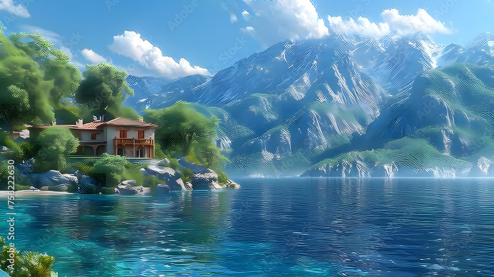 Fototapeta premium A serene digital artwork of a house by a calm lake, surrounded by lush trees and towering snow-capped mountains, reflecting a sense of peace