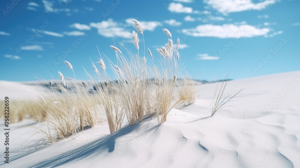 Tall grass sitting on snow covered field, suitable for winter nature concepts Tall grass sitting on snow covered field, suitable for winter nature concepts