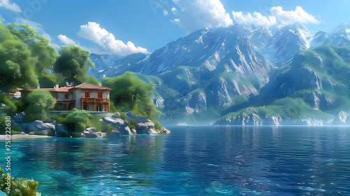 A serene digital artwork of a house by a calm lake, surrounded by lush trees and towering snow-capped mountains, reflecting a sense of peace