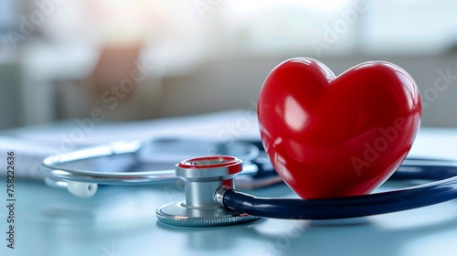 Heart and stethoscope in a doctor's office, red heart, health symbol on a blurred background. Health day, healthcare, medicine, copy space.