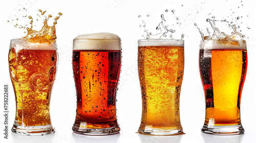 four Beer glasses with splashes against a white backdrop