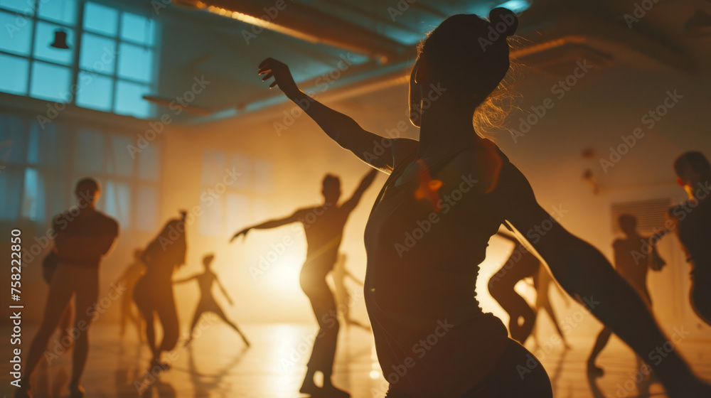 Warm, ambient light captures the silhouette of dancers moving rhythmically in a dance studio during a class session