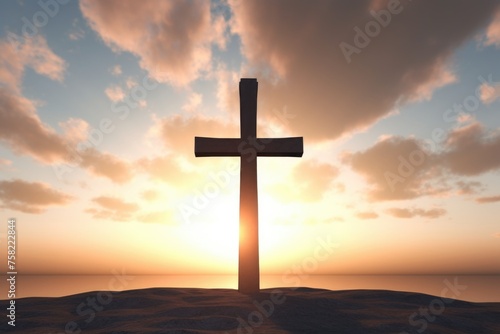 A cross on a hill with the sun setting in the background. Ideal for religious themes or spiritual concepts © Fotograf
