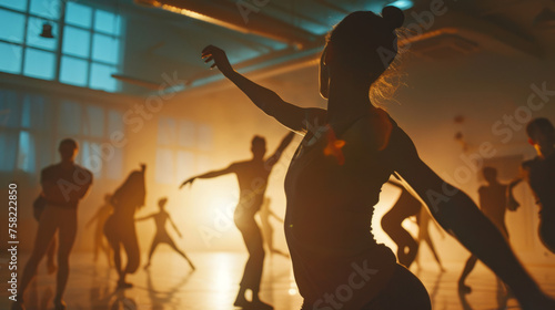 Warm, ambient light captures the silhouette of dancers moving rhythmically in a dance studio during a class session