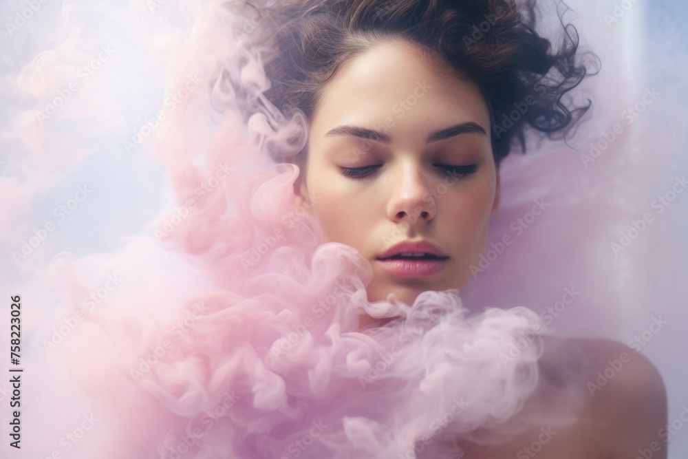 A woman with her eyes closed enveloped in pink smoke. Ideal for beauty and wellness concepts