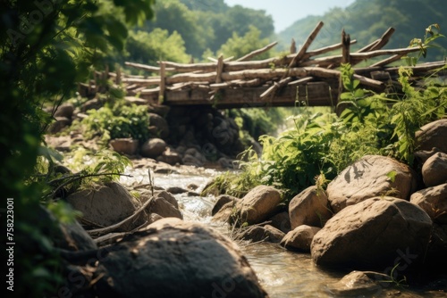 Peaceful wooden bridge over flowing stream, perfect for nature or travel concepts © Fotograf