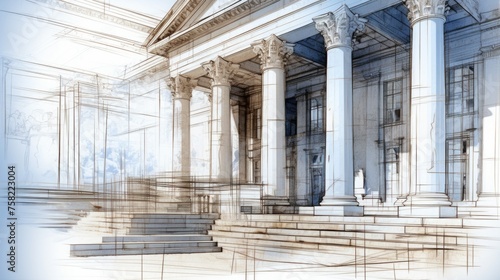 Architectural drawing of a building with columns and steps. Suitable for educational materials or historical publications