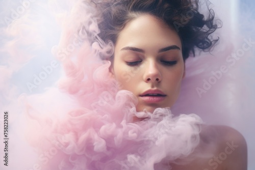 A woman with her eyes closed enveloped in pink smoke. Ideal for beauty and wellness concepts