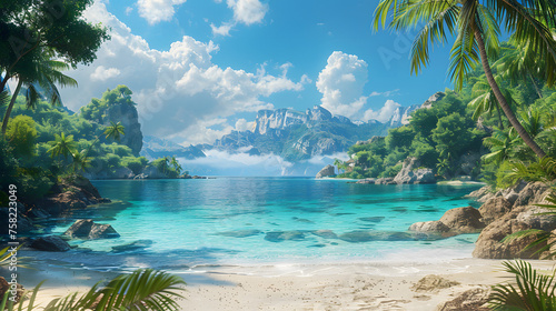 A serene beach landscape with crystal-clear blue waters surrounded by lush palm trees and distant mountains