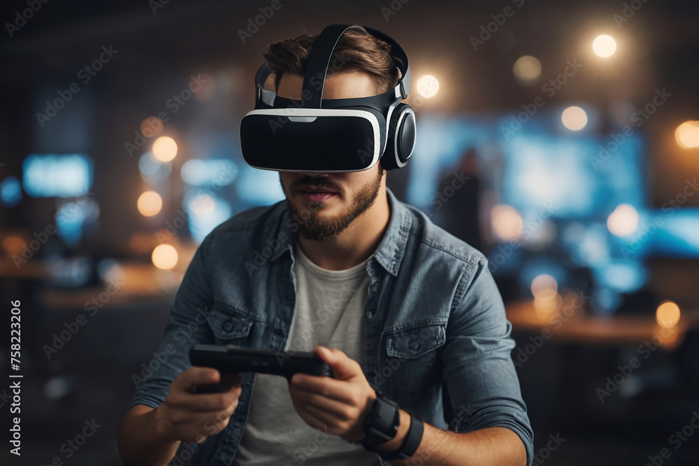 Man wearing virtual reality goggles, VR headset, glasses of virtual reality, virtual landscapes. Man wearing virtual reality goggles, VR headset, glasses of virtual reality, virtual landscapes.