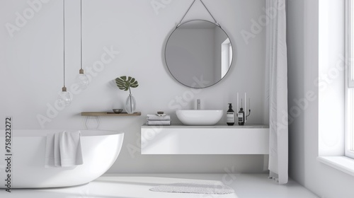 Minimalist Bathroom with Floating White Vanity and Round Mirror AI Generated.