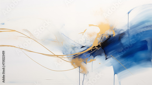 Tableau d'art. Peinture bleu, doré et or. Fond blanc. Art, trace de pinceaux, tâches, mouvement. Art moderne, contemporain. Pour conception et création graphique.