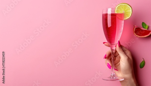 Side view of hand holding lemonade glass on pastel background with space for text