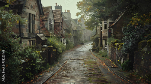 A serene  mist-filled morning in an alleway capturing the essence of a timeless European village