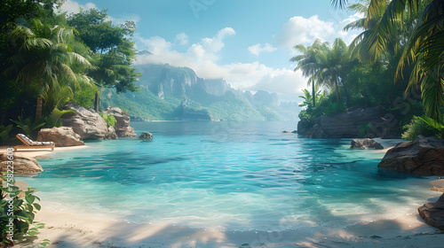 A serene and inviting tropical beach scene, showcasing crystal-clear waters, green foliage, and rocky outcrops