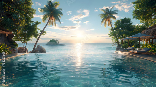A breathtaking sunrise from a luxury pool vantage point  with palm trees and gentle waters