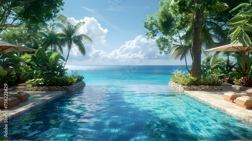 A picturesque view of a tropical pool leading to an expansive ocean horizon amid lush surroundings