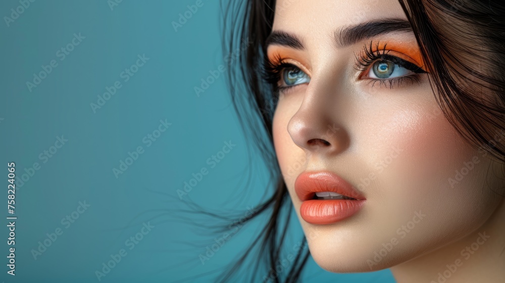 a close up of a woman's face with long black hair and orange eyeshadow, with a blue background. a close up of a woman's face with long black hair and orange eyeshadow, with a blue background.