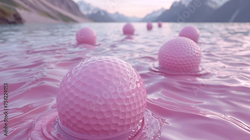  a group of pink balls floating on top of a lake in the middle of a body of water with mountains in the background.