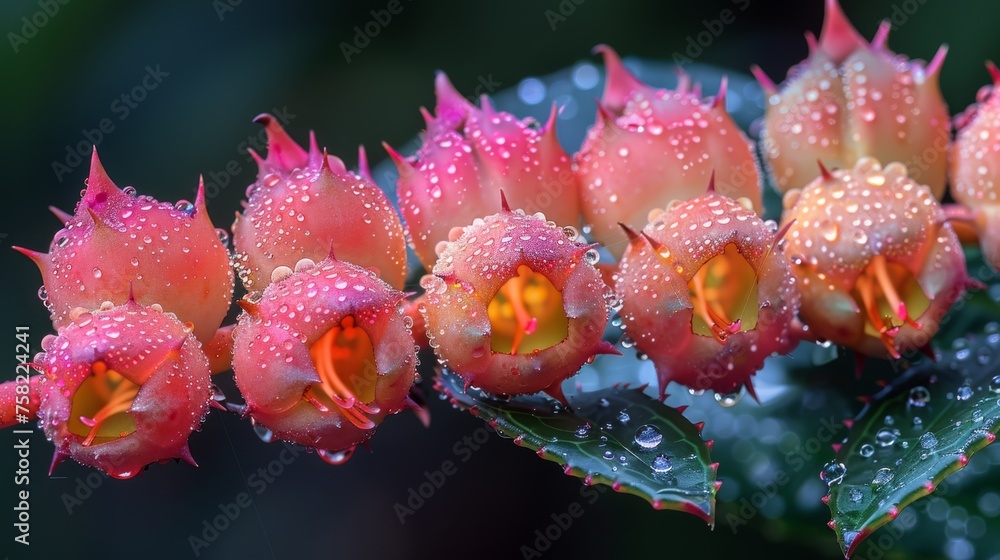 a close up of a bunch of flowers with drops of water on the petals and a green leaf in the background. a close up of a bunch of flowers with drops of water on the petals and a green leaf in the background.
