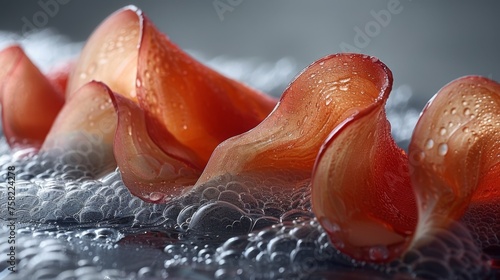  a close up of a bunch of fruit on a metal surface with drops of water on the top of it. © Jevjenijs