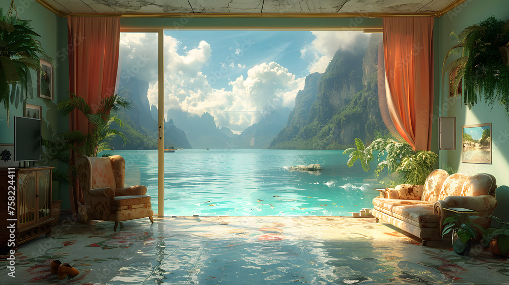 Fototapeta premium Immerse in the comfort of a cozy living room with an expansive window offering a stunning view of a serene mountain lake