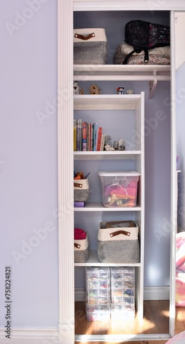 Home organization ideas and storage solutions for kids bedroom, toys and books, tidy and easy neatness.