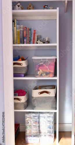Home organization ideas and storage solutions for kids bedroom, toys and books, tidy and easy neatness.