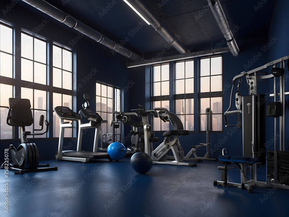 modern and minimalistic gym with a wide variety of exercise equipment, dark blue and parquet, empty fitness room, sports equipment, panorama banner design modern and minimalistic gym with a wide variety of exercise equipment, dark blue and parquet, empty fitness room, sports equipment, panorama banner design