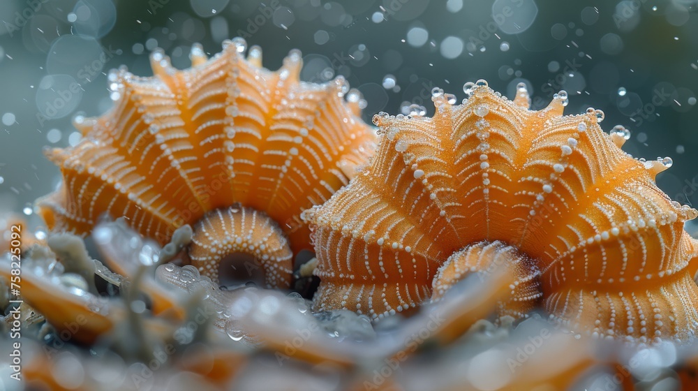 a close up of a bunch of orange corals with drops of water on the top of the corals. a close up of a bunch of orange corals with drops of water on the top of the corals.