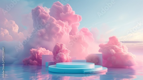 Abstract 3D podium design in blue and pink with cloud motifs. The scene is for prodact presentation. Generated by artificial intelligence.