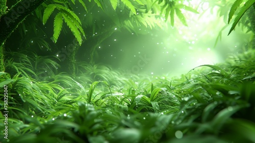  a lush green forest filled with lots of leafy plants and a bright light shining through the leaves of the trees.