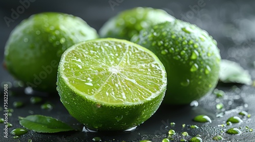  a group of limes sitting on top of a table with water droplets on the top and green leaves on the bottom.