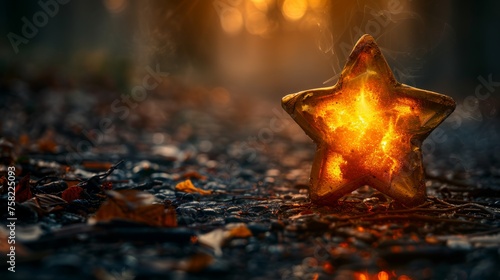  a close up of a star shaped object in the middle of the ground with a blurry light in the background.