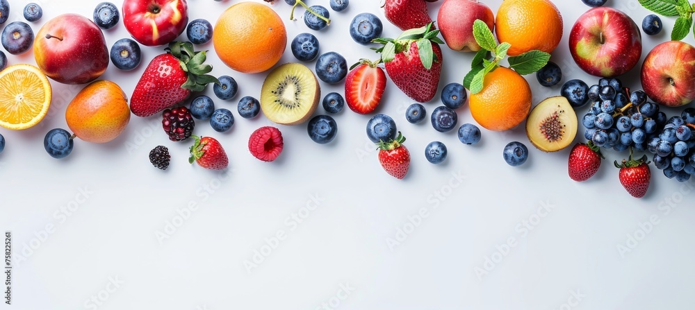 Vibrant fruit platter on white surface perfect for health ads with ample space for text Vibrant fruit platter on white surface perfect for health ads with ample space for text