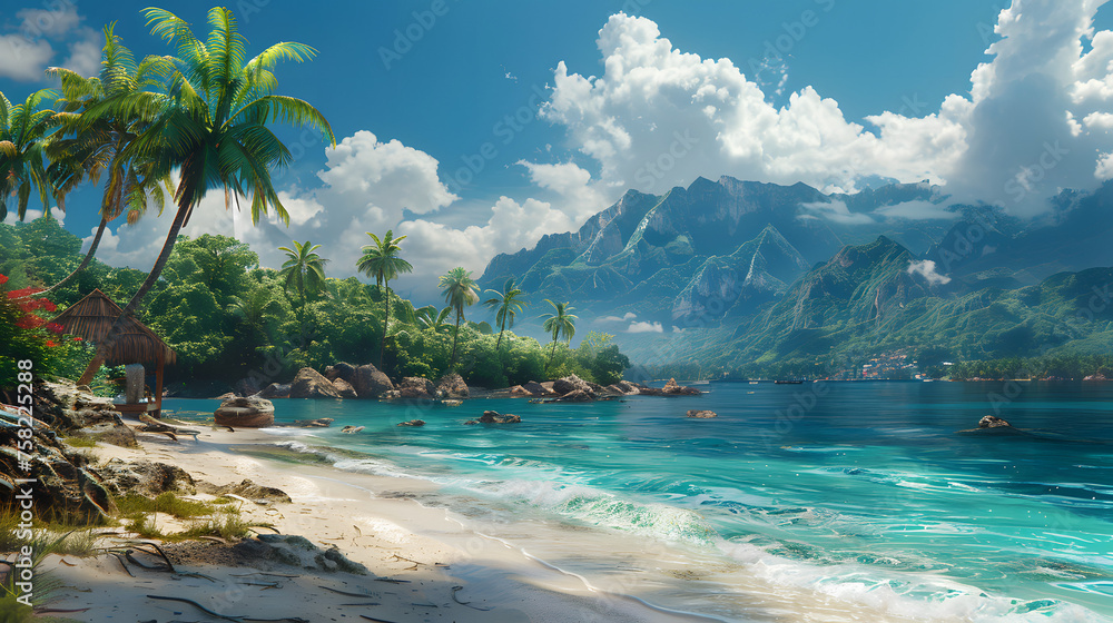 A breathtaking tropical beach with clear turquoise water, palm trees, and dramatic mountain scenery under a partly cloudy sky