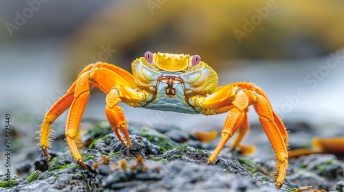  a close up of a yellow crab on a rock with a blurry background of water and grass in the foreground.