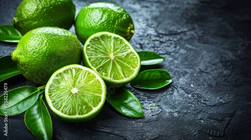  a group of limes sitting on top of a table next to leaves and a slice of lime on top of a table.