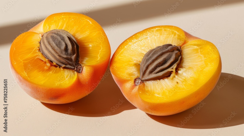 a close up of two peaches with one cut in half and the other half with a bite taken out of it. a close up of two peaches with one cut in half and the other half with a bite taken out of it.